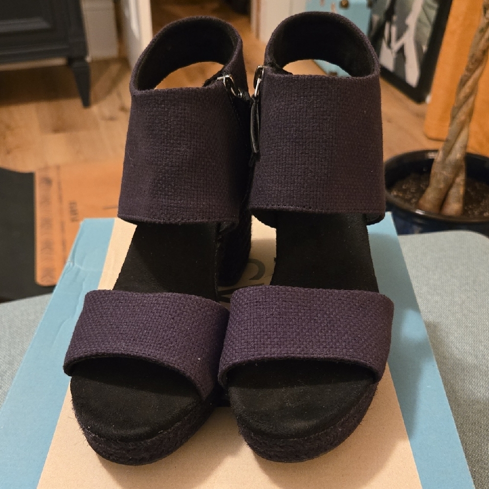Toms Majorca Platform Heel Sandal Black Basket Weave